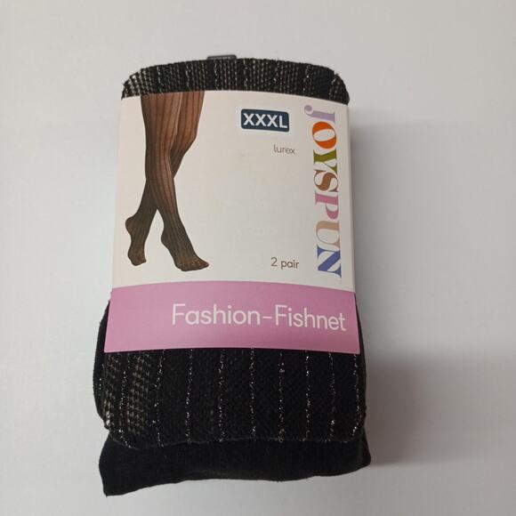 Size XXXL 2 Pr Joyspun Fashion Tights Black Fishnet Lurex Black Opaque - Picture 1 of 4